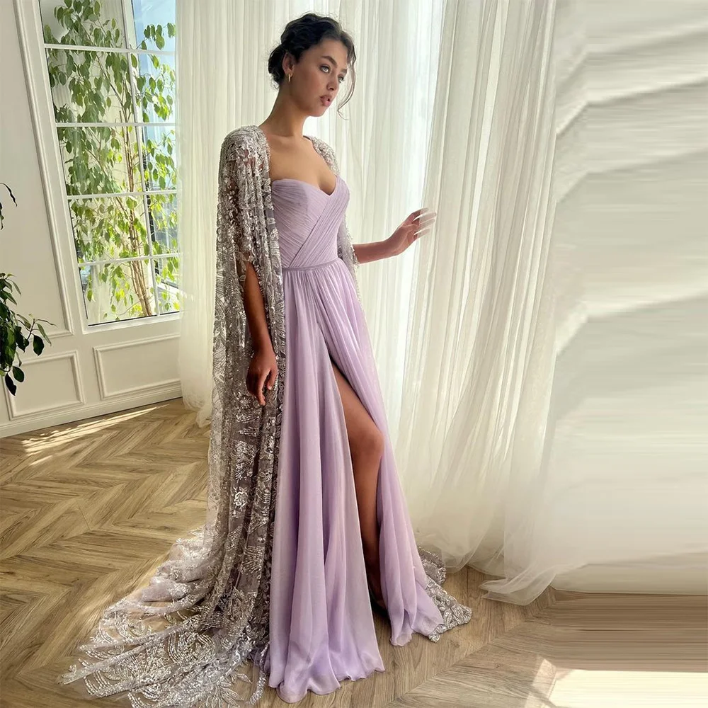 

Sevintage Lavender Prom Dresses with Cape Sweetheart High Side Split Sequined Beading Pleat Ruched A-Line Formal Evening Gowns