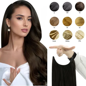 Straight Fishing Line Human Hair Extensions Clip in Hair Extension Human Hair Transparent Wire Halo Hair Extensions for Women