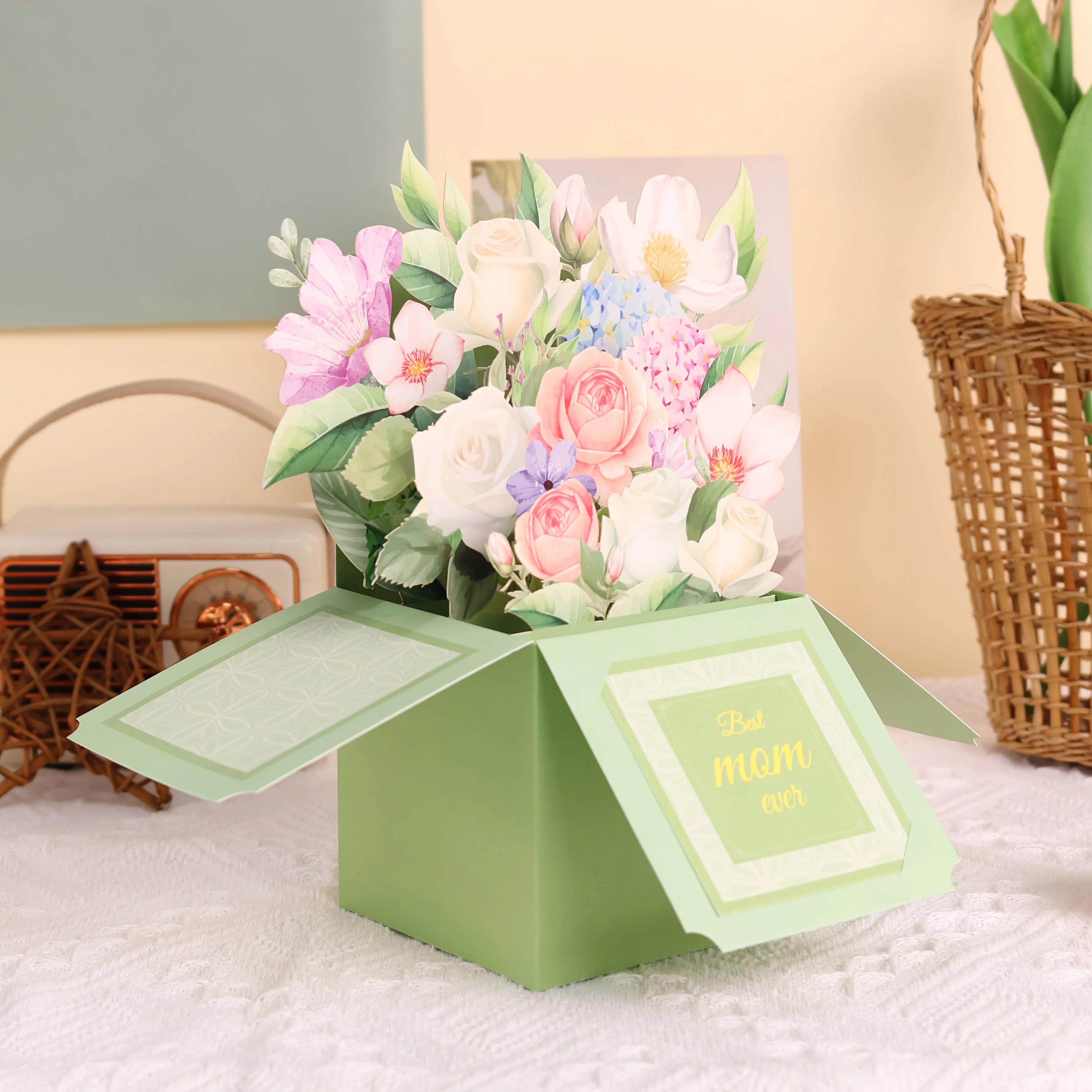 1pc 3D Comfort Flower Box for Mom,Floral Greeting Card, 3D Pop-up Box, Soothing Gift, Mom's Care gift with Envelope