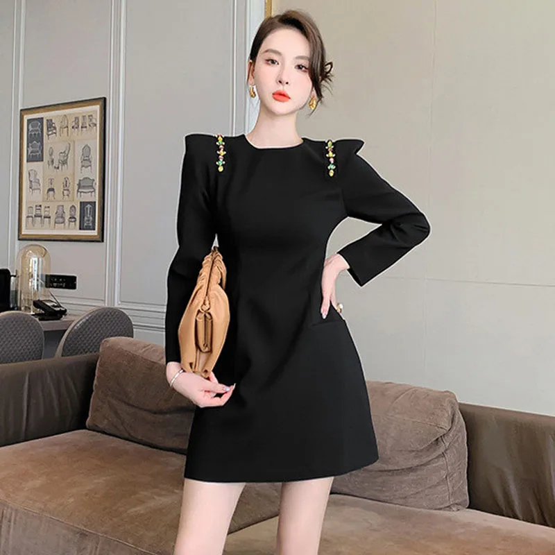 

Korea New Fashion 2023 Women Autumn Spring Long Puff Sleeve DiamondsBeading Pocket Vintage Black Party Nini Dress