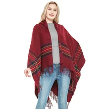 

CHENKIO Women's Bohemian Aztec Print Blanket Poncho Hoodie Cape Shawl with Tassels