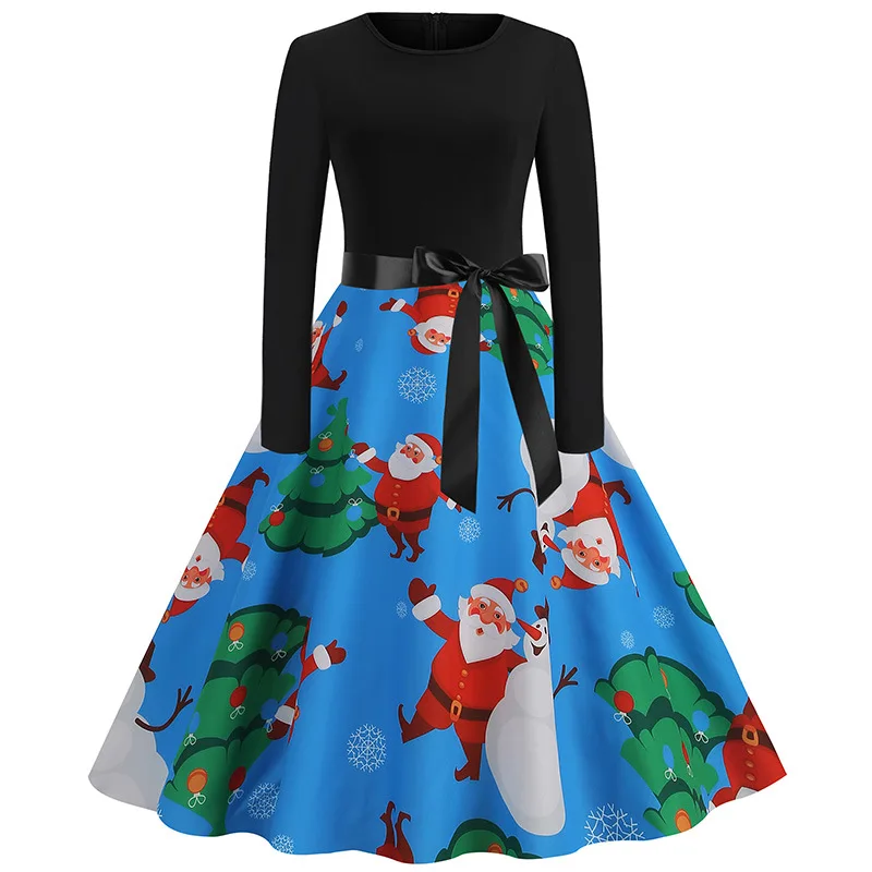 

2023 Autumn Foreign Trade New Women's Fashion Christmas Round Neck Slim Fit Printed Dress for Women Party Dresses