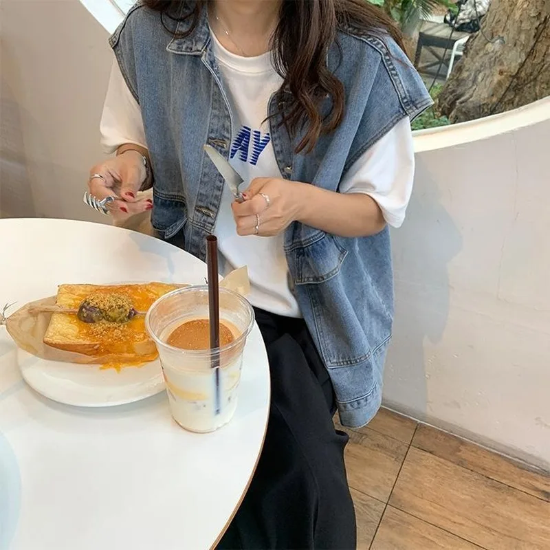 Women All-match Stylish Simple Denim Jackets Vests High Street Summer Chic Ladies Cargo Basic Sleeveless Pocket Outerwear Female