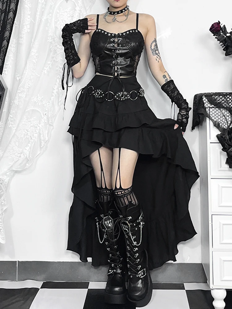 InsGoth Women's Steampunk Retro Gothic Pleated Asymmetric Hi-Low Lace Party Skirt Irregular Victorian High-Low Bustle Skirt