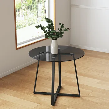 Modern tempered glass round dining table, tabletop Dia90x90cm, metal frame legs, multifunctional small dining table