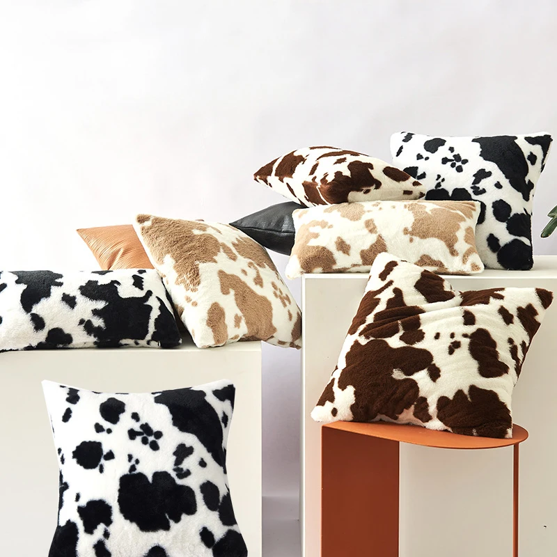 New Cow Print Faux Throw Pillow Case Luxury Fuzzy Winter Warm Pillow