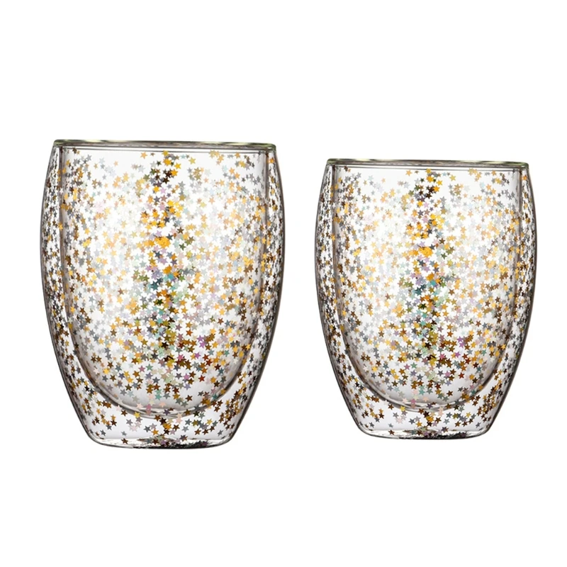 P82D for Creative Double Wall Glass Cups Sequins Star for Wish Glasses Mugs Home Party Bar Wine Cocktail Coffee Milk Glass