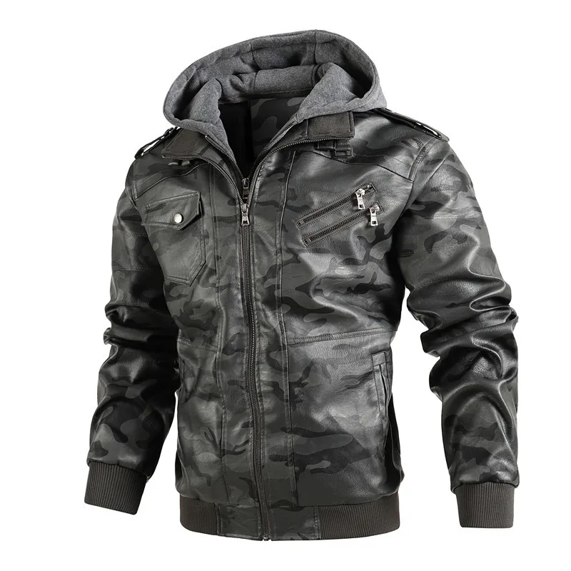 2023 New Men's Hooded Leather Jacket Slim Fit Casual Leather Coat New Fashion Men's Street Wear Motorcycle Leather Jacket