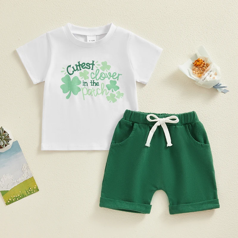 

2023-12-04 Lioraitiin 6M-4Y Toddler Boy Irish Day Outfits Letter Clover Print Short Sleeve T-Shirt and Elastic Short Clothes Set