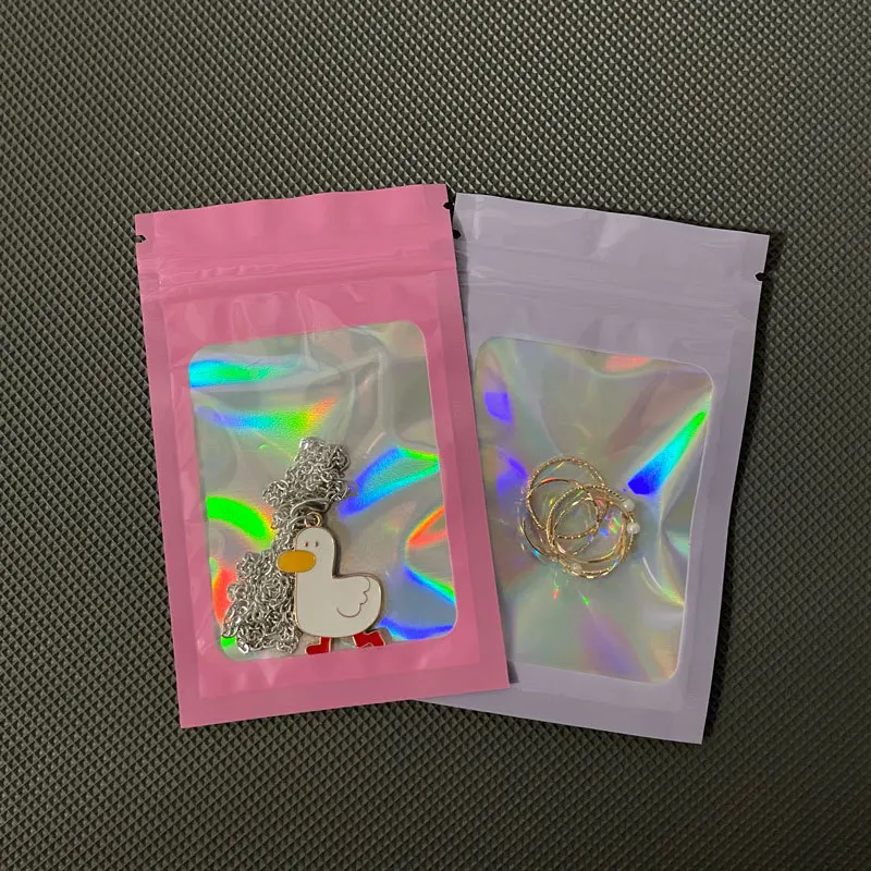 50pcs 팩 마일라 가방 레이저 컬러 플라스틱 포장 미니 파우치 Resealable ZipLock 냄새 방지 커피 허브 파우더