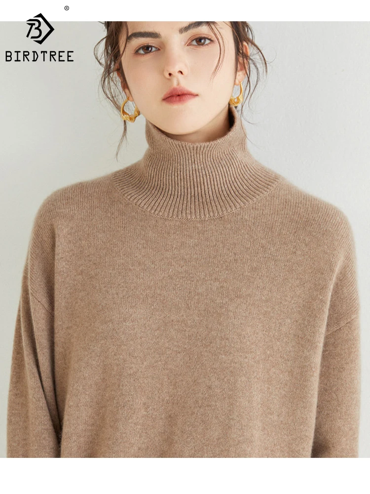 

Birdtree 100% Pure Cashmere Sweater 7 Stitch Thick Turtleneck Women's Loose Winter Warm Long Sleeve Casual Commute Knit T38085QD