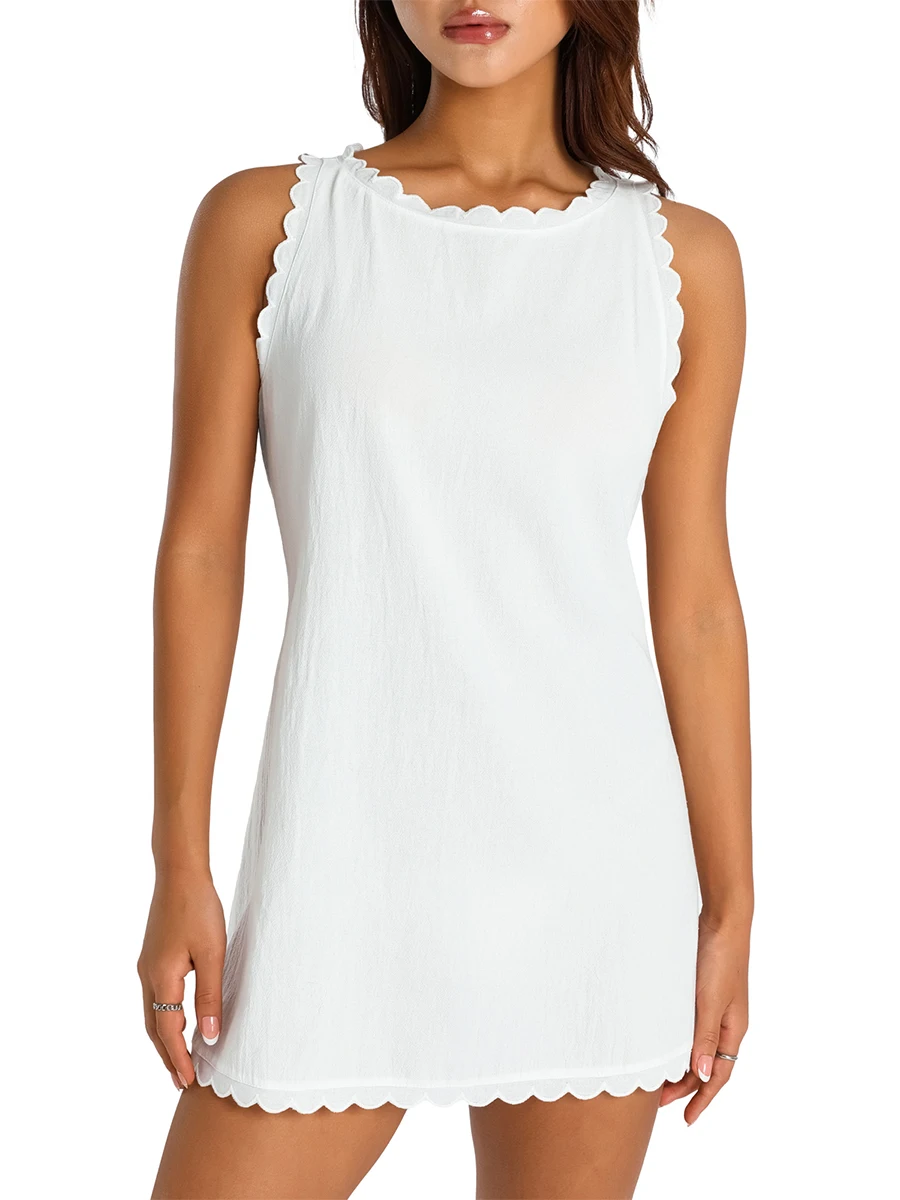 

Women Mini Dress Sleeveless Crew Neck Solid Loose A-line Dress Streetwear for Club Party (Pink S)