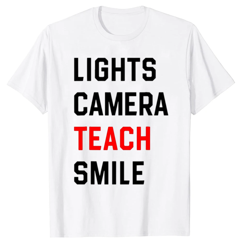 Retro Lights Camera Teach Smile Teacher Lustiges Schul-Grafik-T-Shirt für Männer, Baumwolle, Humor, Streetwear, T-Shirt, kurz, Unisex-Kleidung