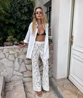 Blanc Jacquard Sheer Flared Pantalon Femmes Dentelle Fleur Creux Out Pants Vintage Trouser Y2k Vacances Vacances Plage D’été Nouveau 2
