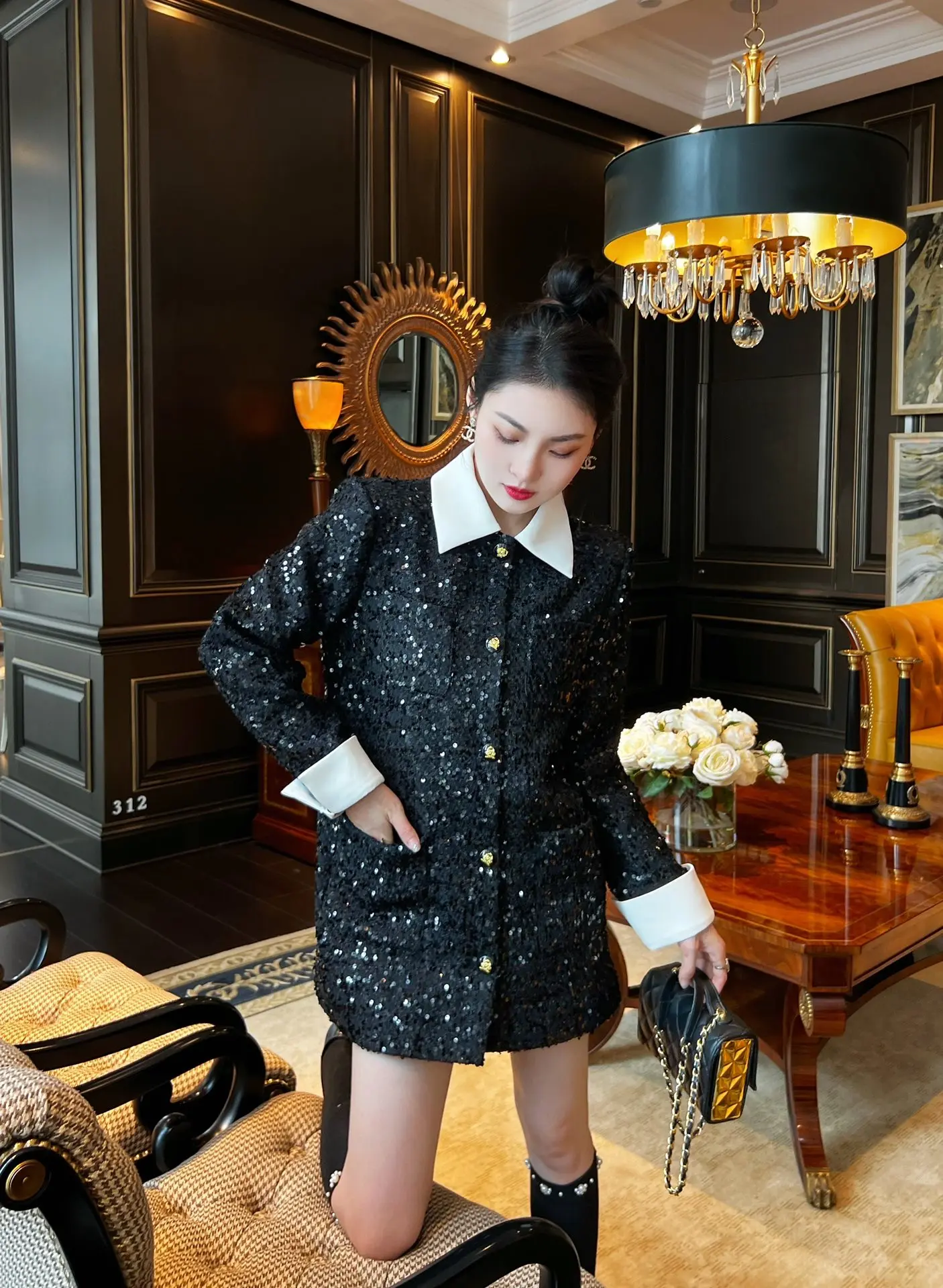 

2023 Autumn Winter Fashion New Women's Clothing Contrast Color Single-Breasted Dress 1018
