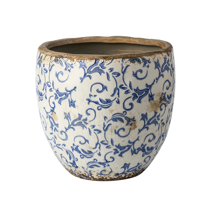 中国古玩　青系花柄陶器製水鉢37cm28cm New Chinese Antique Blue And white Pottery Orchid Butterfly