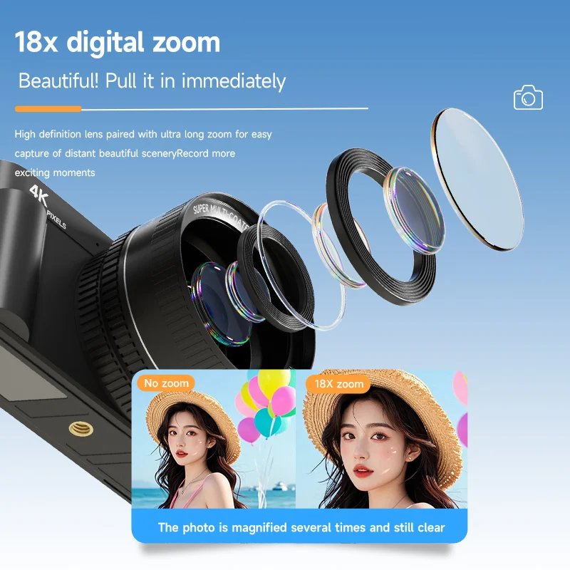 4K Digital Camera 64MP 18X Zoom Autofocus HD Retro Compact Digital Camera with 2.8 Inch Screen for Travel Photography Vlogging