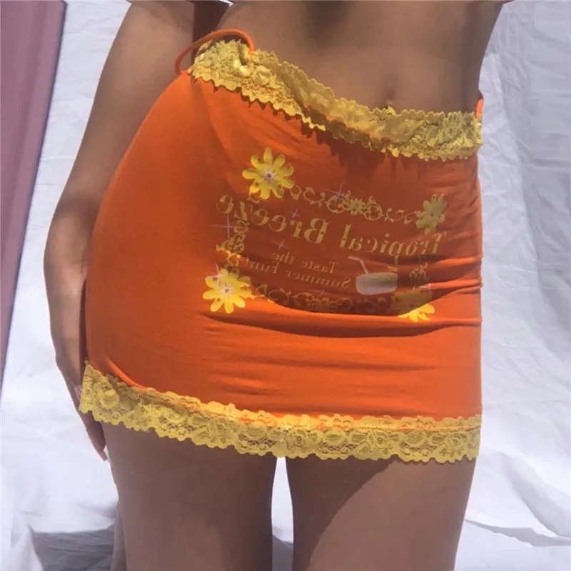

Women Kawaii Mini Skirts Floral Letter Print Lace Splicing High Waist Short Skirts Summer Casual Fashion Skirt Club Streetwear