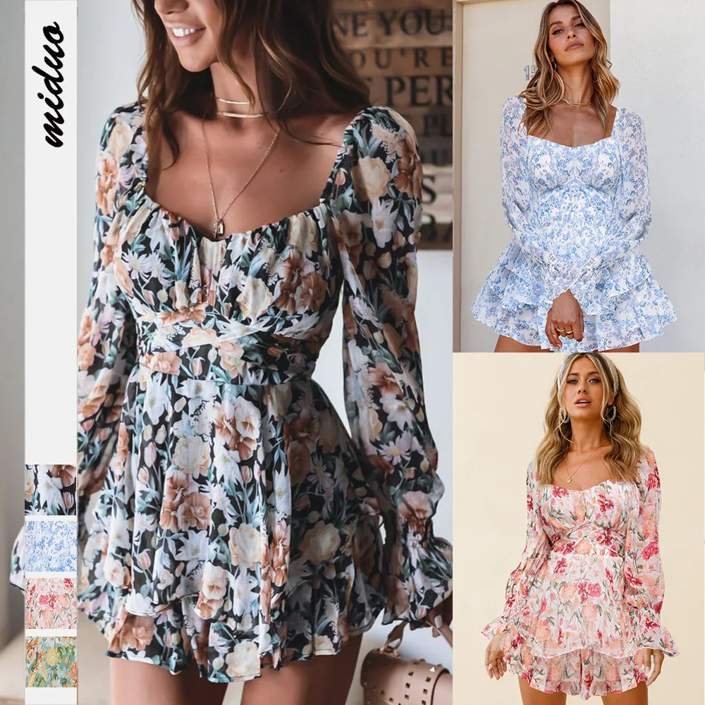 2023 Summer Explosion New Women's Floral Sexy Backless Fashion Jumpsuit Square Collar Long Sleeve Trend Elegant Flounces Shorts
