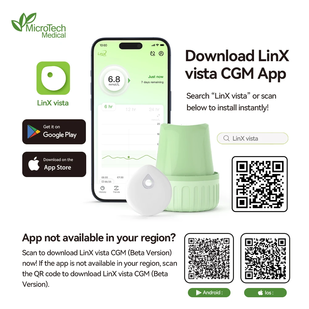 MicroTech LinX vista CGM 15-Day Continuous Glucose Monitor Real-Time Blood Glucose Monitoring Diabetes Management