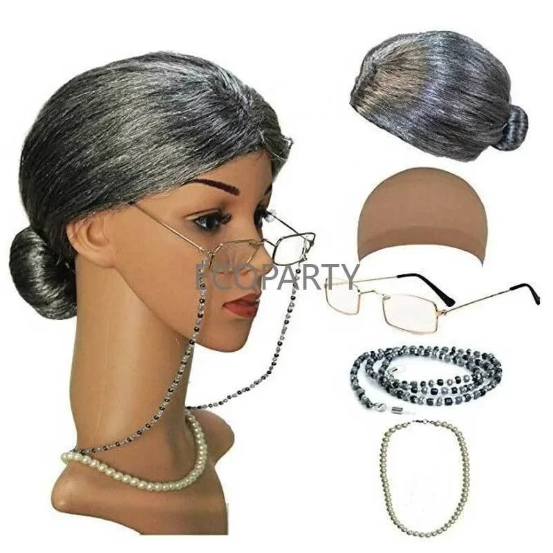 Girls Old Lady Costume Kit Nightgown Wig Cane Other Halloween Cosplay Accessories Ecoparty