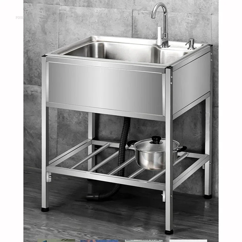 Double Basin Simple Kitchen Sink for Dining Room Reinforced Bracket Metal Sinks Modern Floor Standing Kitchen Sinks for Home