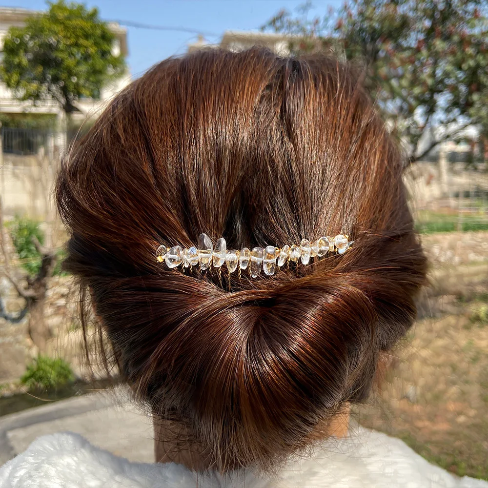 Women Crystal Hair Combs Hair Accessories Natural Quartzs Stone Hair Clips Healing Reiki Hairpin Wedding Bridal Headwear Jewelry