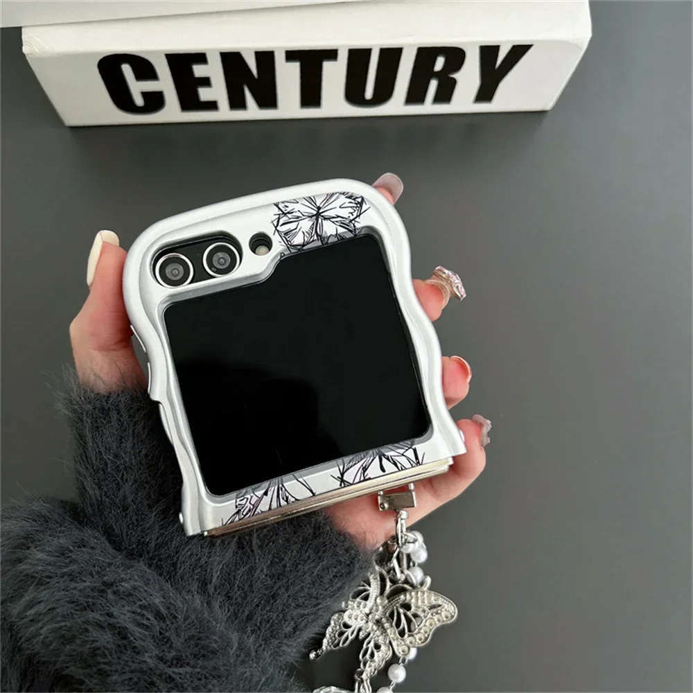 Fashion Butterfly Matte Silver Phone Case with Wave Border and Pendant Cover
