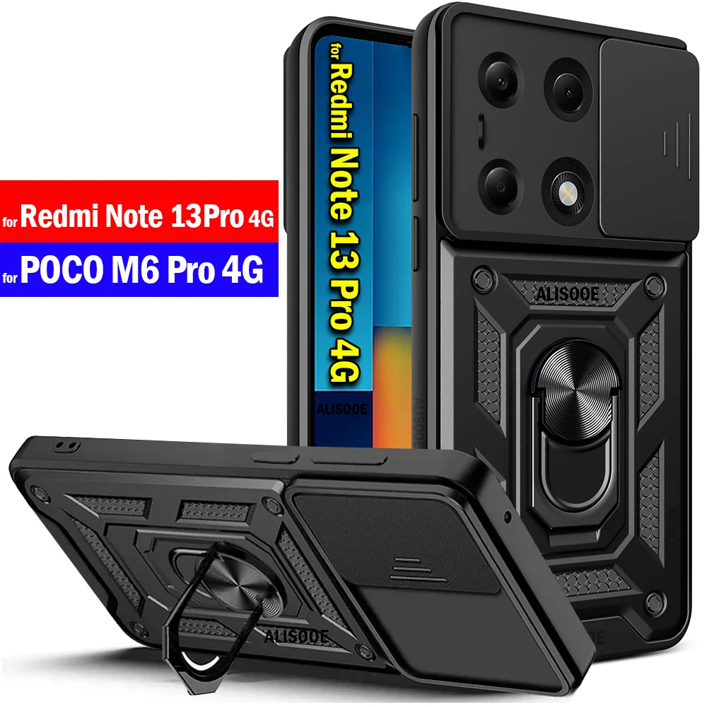 슬라이드 카메라 아머 펀다 레드미 노트 13 프로 4G POCO M6 프로 케이스 링 스탠드, 레드미 노트 13 프로 4G 카파용 휴대폰 보호 커버