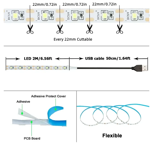 DC 5V USB LED bandes 2835 blanc chaud LED bande lumineuse TV fond éclairage bande décor à la maison lampe 1- 5m LED chaîne lumière 2