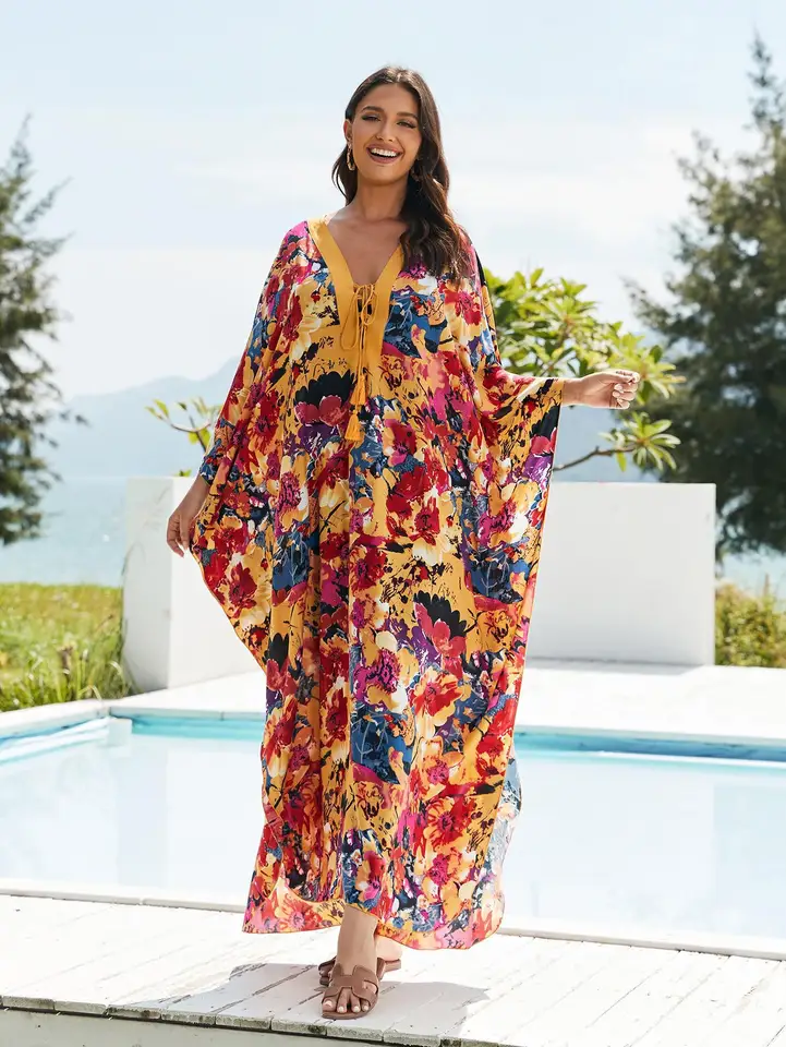 KAICAILA Vestidos Caftán De Talla Grande Para Mujer, Kimono Con Estampado Floral Bohemio, Cuello En V, Murciélago, Mumu, Ajuste Holgado, Salida De Baño, Vestido Largo, Ropa De Playa Para Vacaciones