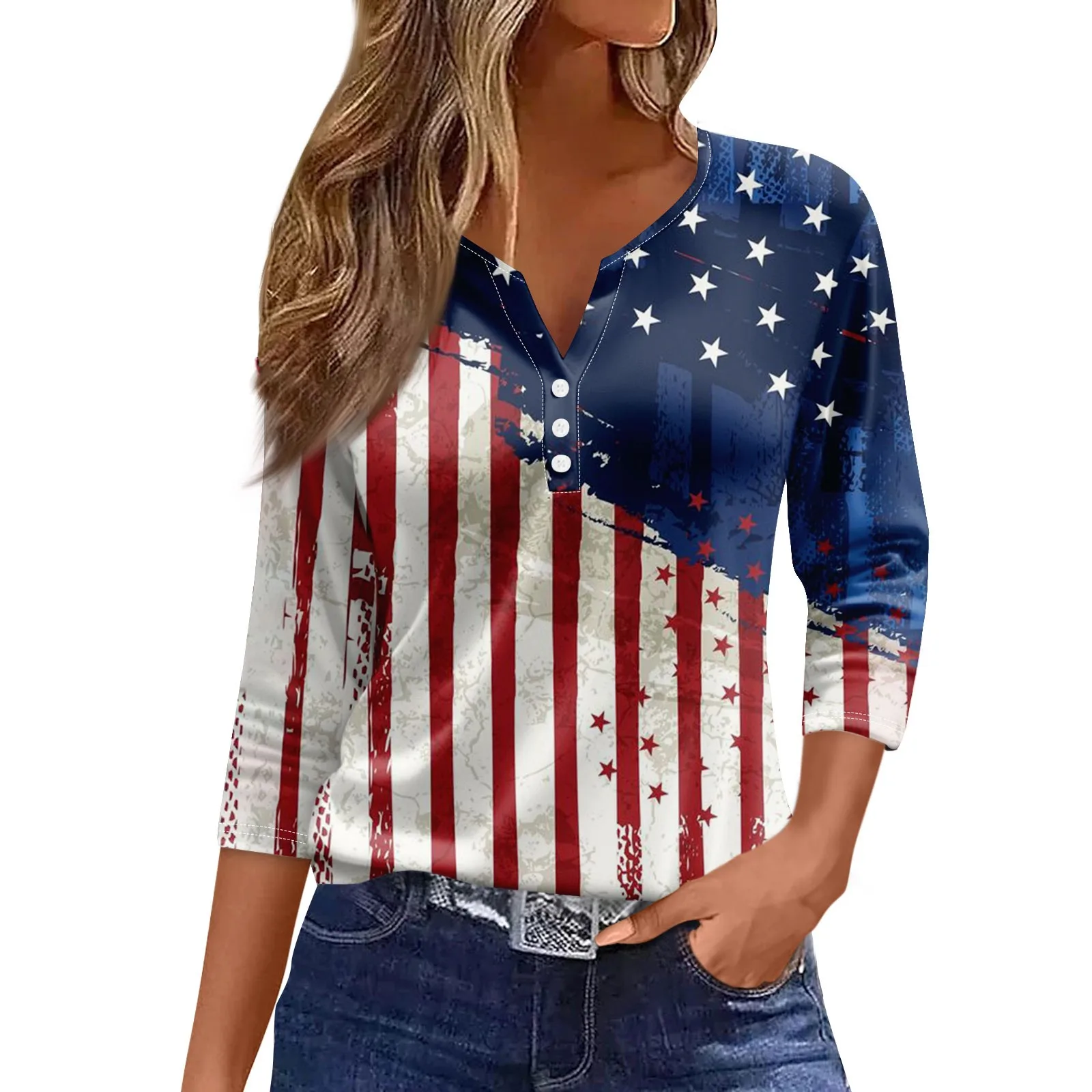

Shirts & Blouses Unique Fashion Printed Women Blouses And Tops 2024 V-Neck Summer 3/4 Sleeves Women Pullover Cotton Лонгслив