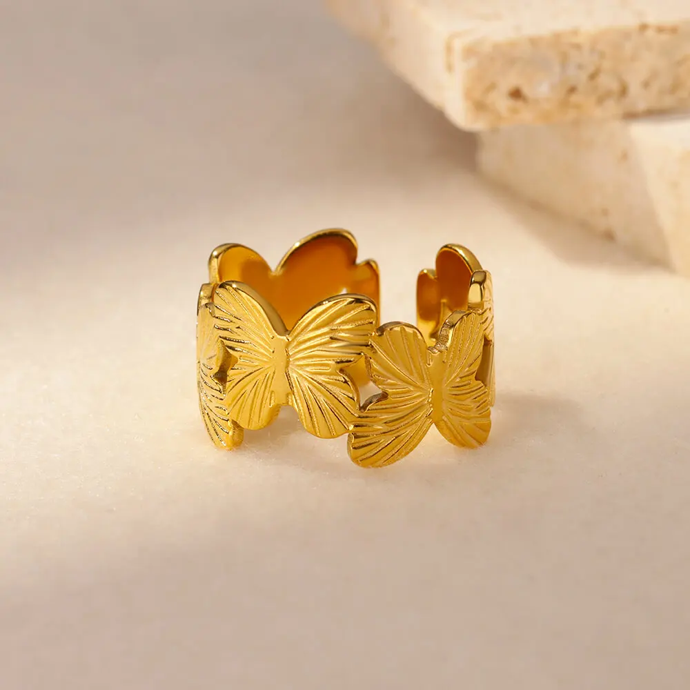 Fashion Butterfly Ring Gold Plated Stainless Steel Opening Hypoallergenic