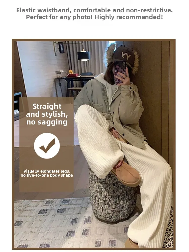 White Vertical Striped Women's Wide Leg Pants Autumn Winter Fce Elastic Waist Casual Trousers Loose Comfortable Fit