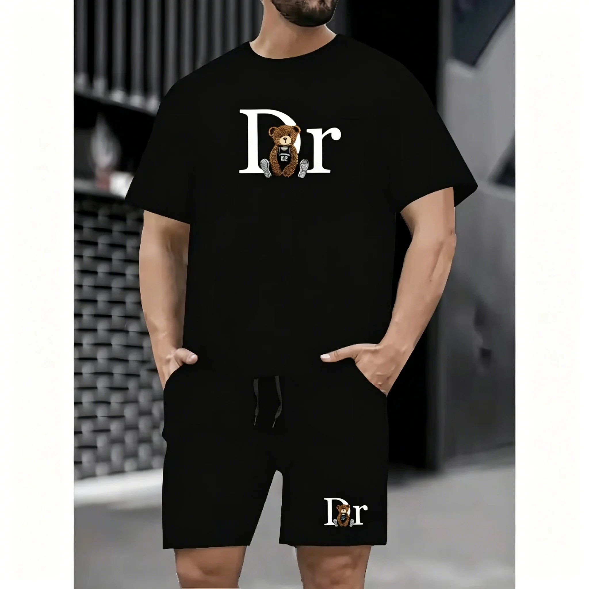 Hot selling summer new men's casual sports suit fashionable teddy bear printed T-shirt shorts 2-piece set summer men's clothing