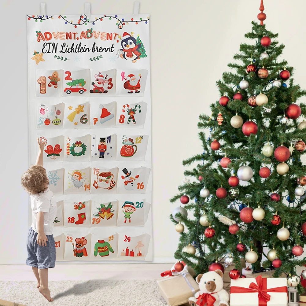 Fabric Christmas Advent Calendar Christmas Countdown Calendar Reusable Wall Hanging Ornaments with 24 Pockets Party Supplies