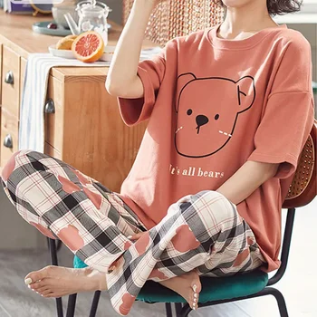 Women's Summer Thin Short Sleeve Sleepwear Loose Comfortable Cartoon Print Home Clothes Set Pants Included Cute Style
