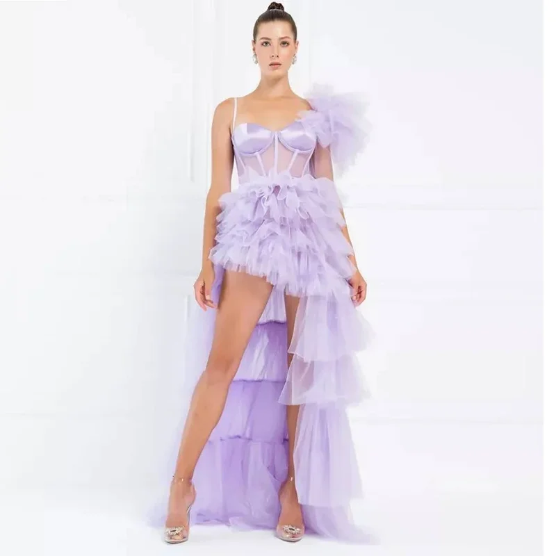 

Sexy Lavender High Low Tulle Dress Women Ruffle Tiered Tulle Party Dresses Red Carpet Birthday Dress Ladies Evening Party Outfit