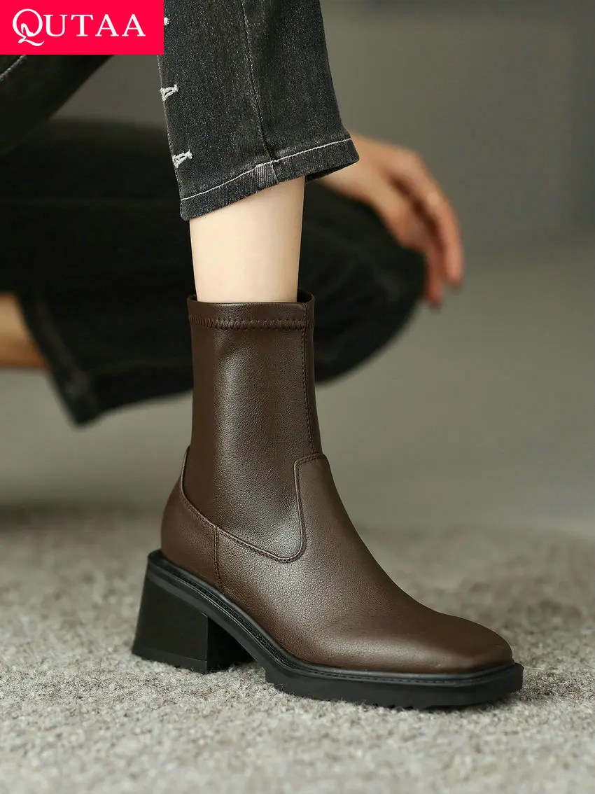 

QUTAA 2023 Women Ankle Boots Elegant Office Ladies Dress Square High Heel Square Toe Genuine Leather Shoes Woman Size 34-39