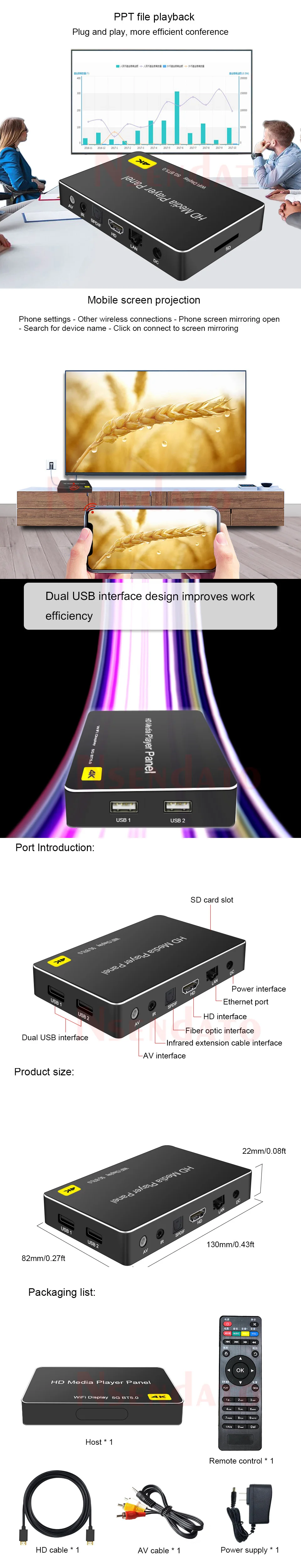 4K H.265 Full HD Media Player Panel With BT5.0/AV/HDMI-Compatible/SPDIF/Lan/USB
