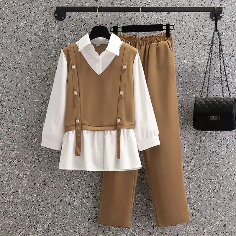 Button Decoration Striped Patchwork Chiffon Shirt Casual Wide Leg Pants Two-piece Elegant Women's Pants Set Office Outfits
