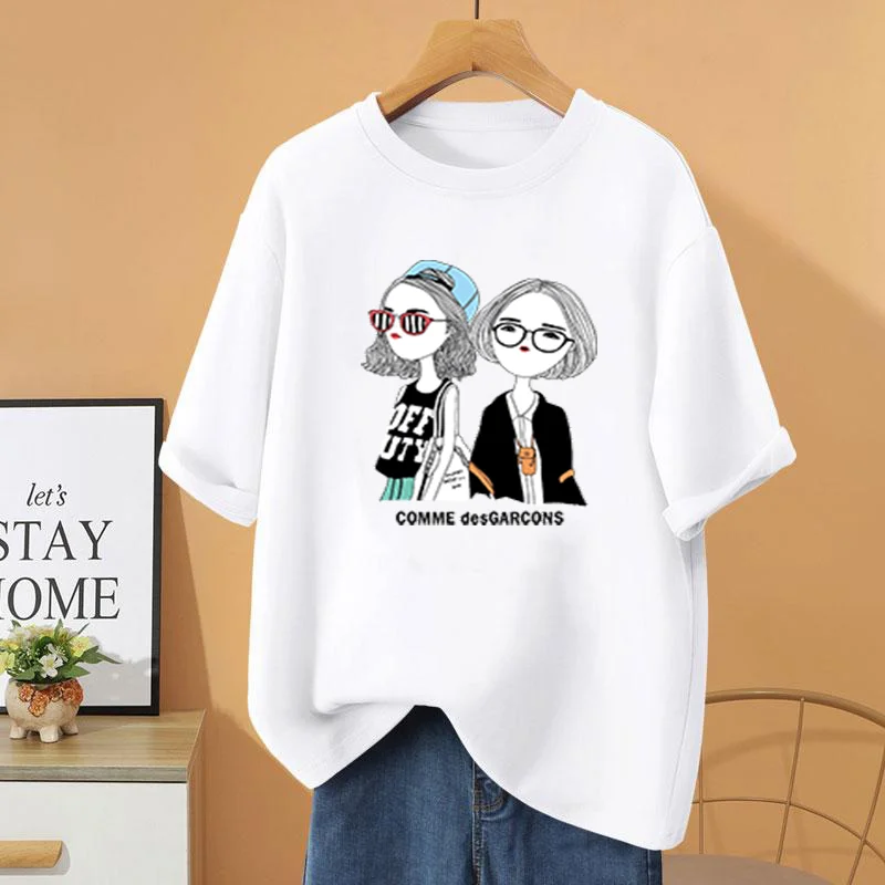 

Женская одежда, повседневные свободные базовые пуловеры, футболка с круглым вырезом и мультяшным принтом, летняя Модная хлопковая футболка с коротким рукавом