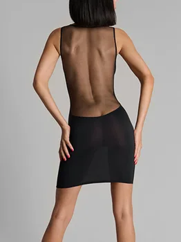 Y2K E-Girl Mesh Panel Plunge V Neck Bodycon Mini Dress Women Black Sleeveless Clubwear 1