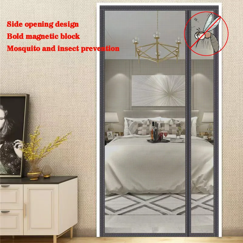 Mosquito Proof Door Curtain Gray Side Opening Magnetic Suction Design Invisible No-Drilling Installation