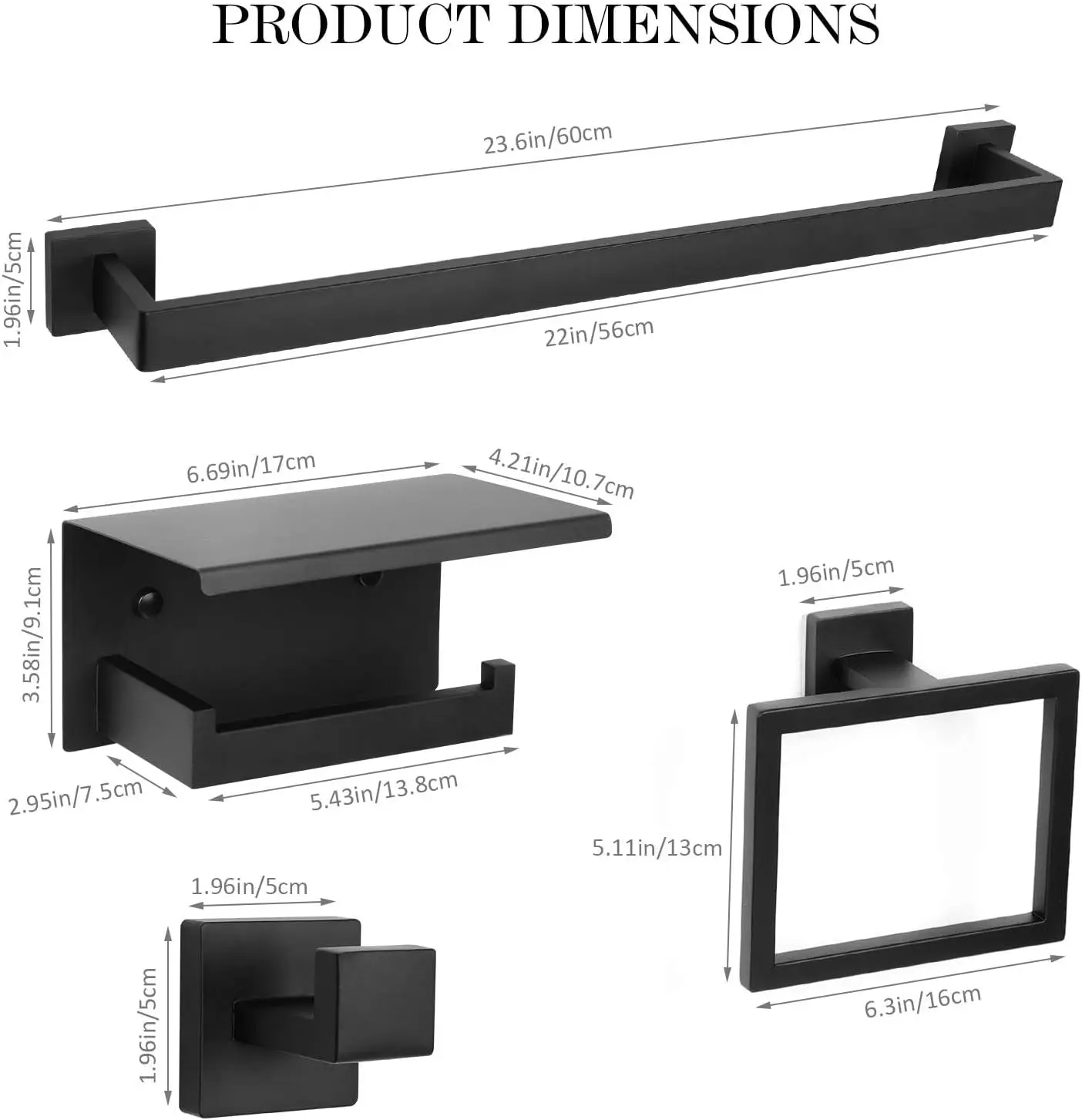 10-Piece Black Towel Bar Set. Stainless Steel. Includes Toilet Paper Holder with Shelf. 23.6" Wall-Mounted.