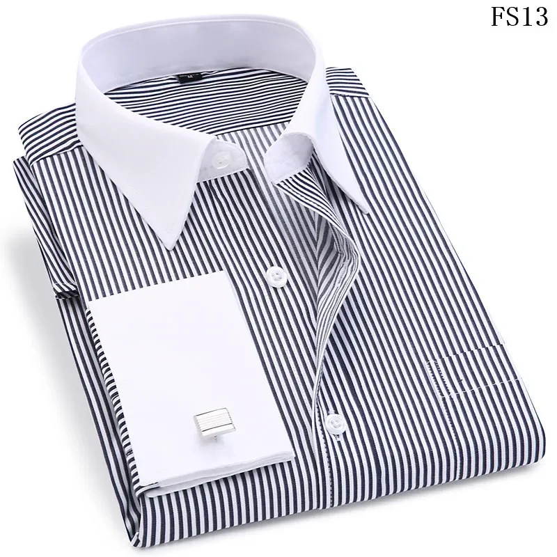 Description Picture 4 of itemNew Gentle Formal Mens French Cuff Dress Shirt Men Long Sleeve Solid Striped Style Men's Shirts Cufflink Include Plus Sizet 6XL
