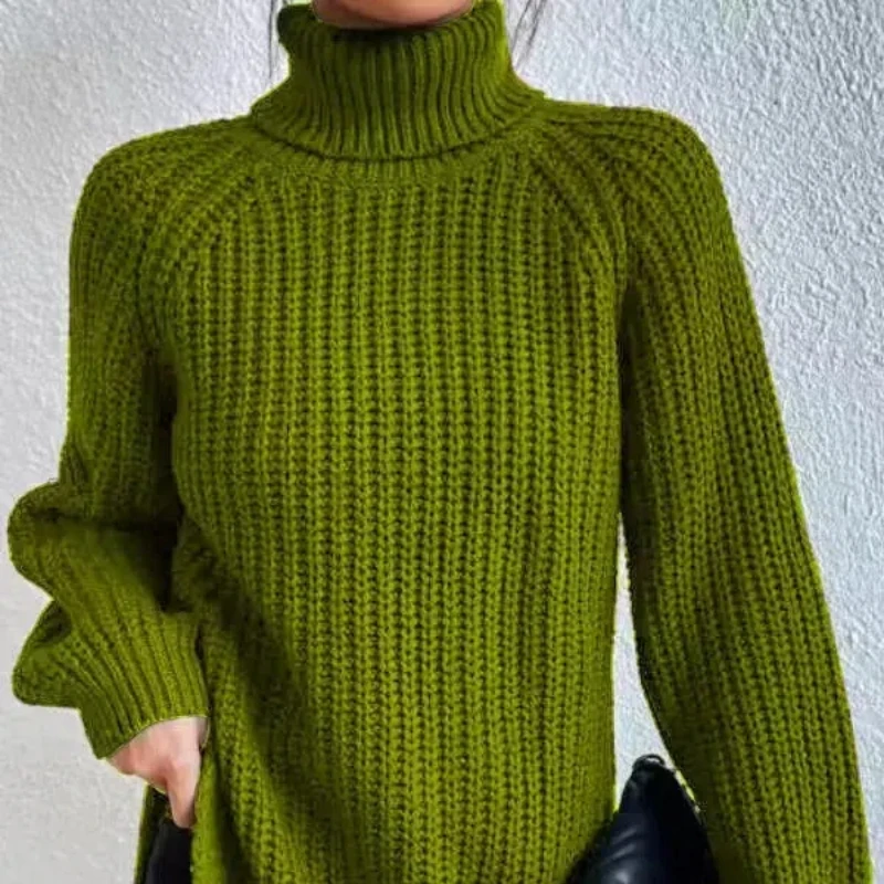 2025 Autumn and Winter New Knitted Shirt Medium To Long with Raglan Sleeves High Collar Split Sweater Dress for Women 96