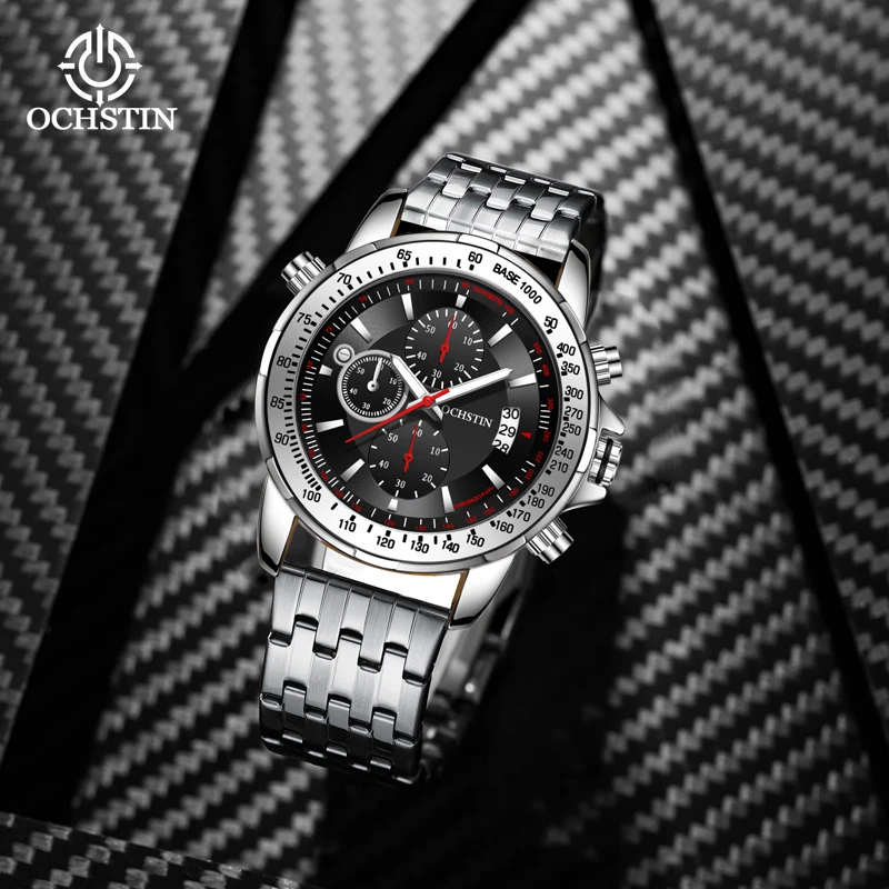 OCHSTIN Originale Series New Launch Steel Strap Multi-function Quartz Movement Watch Black Silver Men's Watch