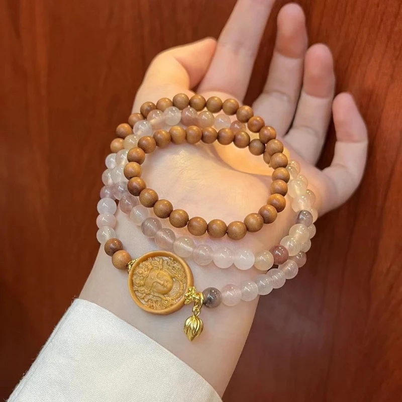 

Natural White Sandalwood Bracelet 6mm White Sandalwood Carving Accessories Ancient Style Gilding Lotus Seedpod Prayer Bracelet