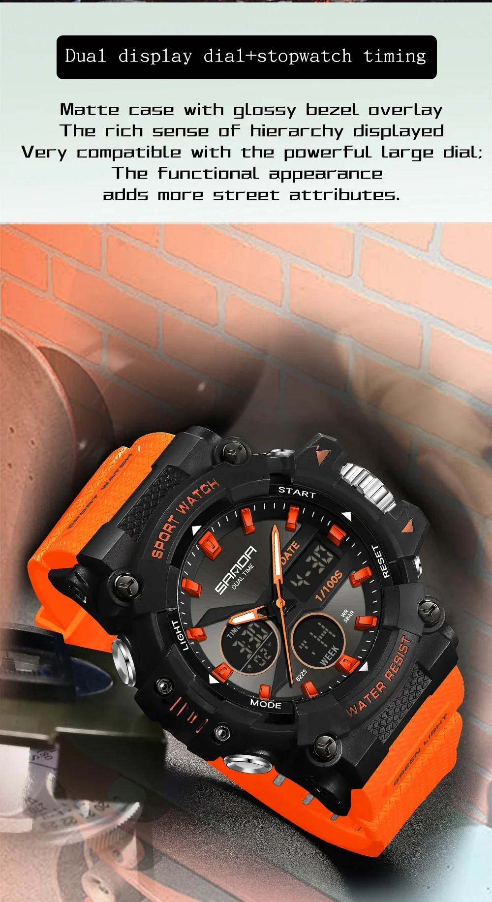 SANDA 6225 Mens Sports Watch Digital Analog 5ATM Waterproof